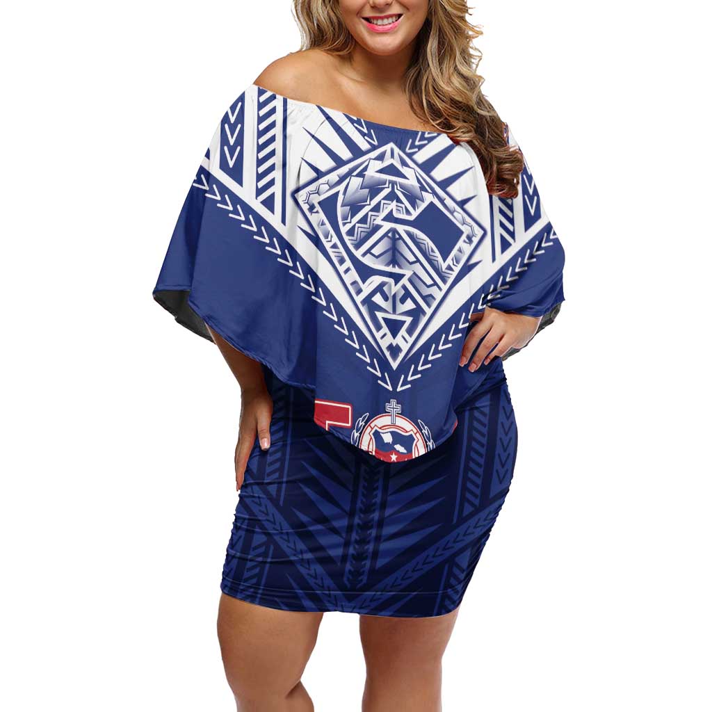 Super Toa Samoa Rugby Custom Off Shoulder Short Dress Warrior Spirit LT05 Women Blue - Polynesian Pride
