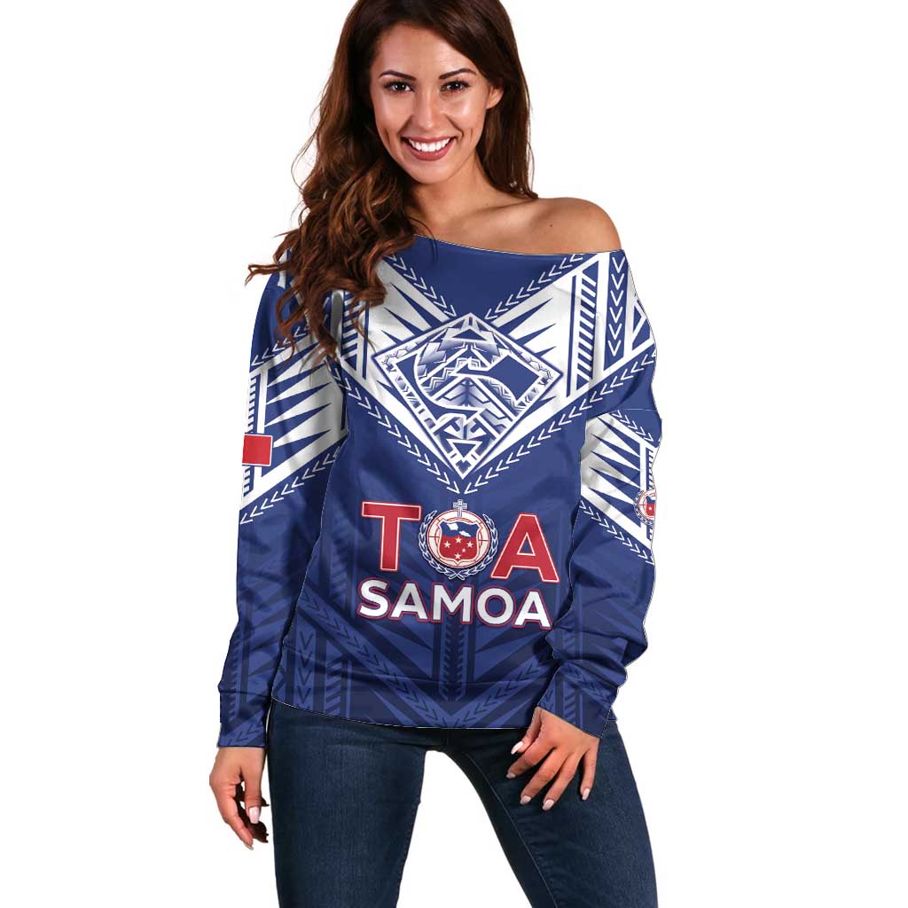 Super Toa Samoa Rugby Custom Off Shoulder Sweater Warrior Spirit LT05 Women Blue - Polynesian Pride