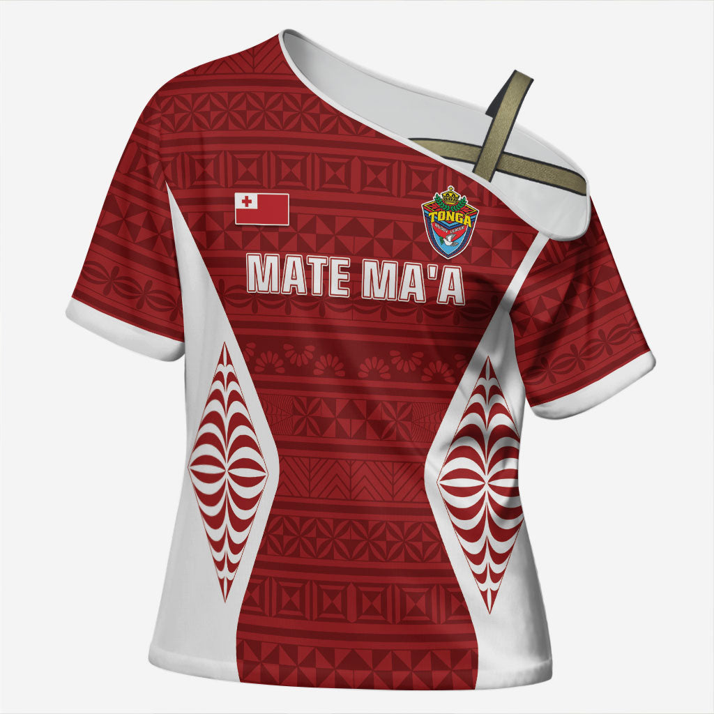 Mate Maa Tonga Rugby Cross Shoulder Shirt Kupesi Tokelau Feletoa Pattern LT05 Female Red - Polynesian Pride