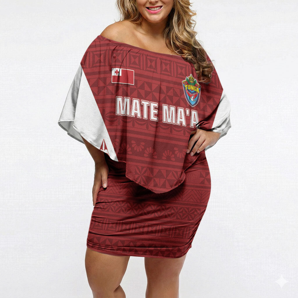 Mate Maa Tonga Rugby Off Shoulder Short Dress Kupesi Tokelau Feletoa Pattern