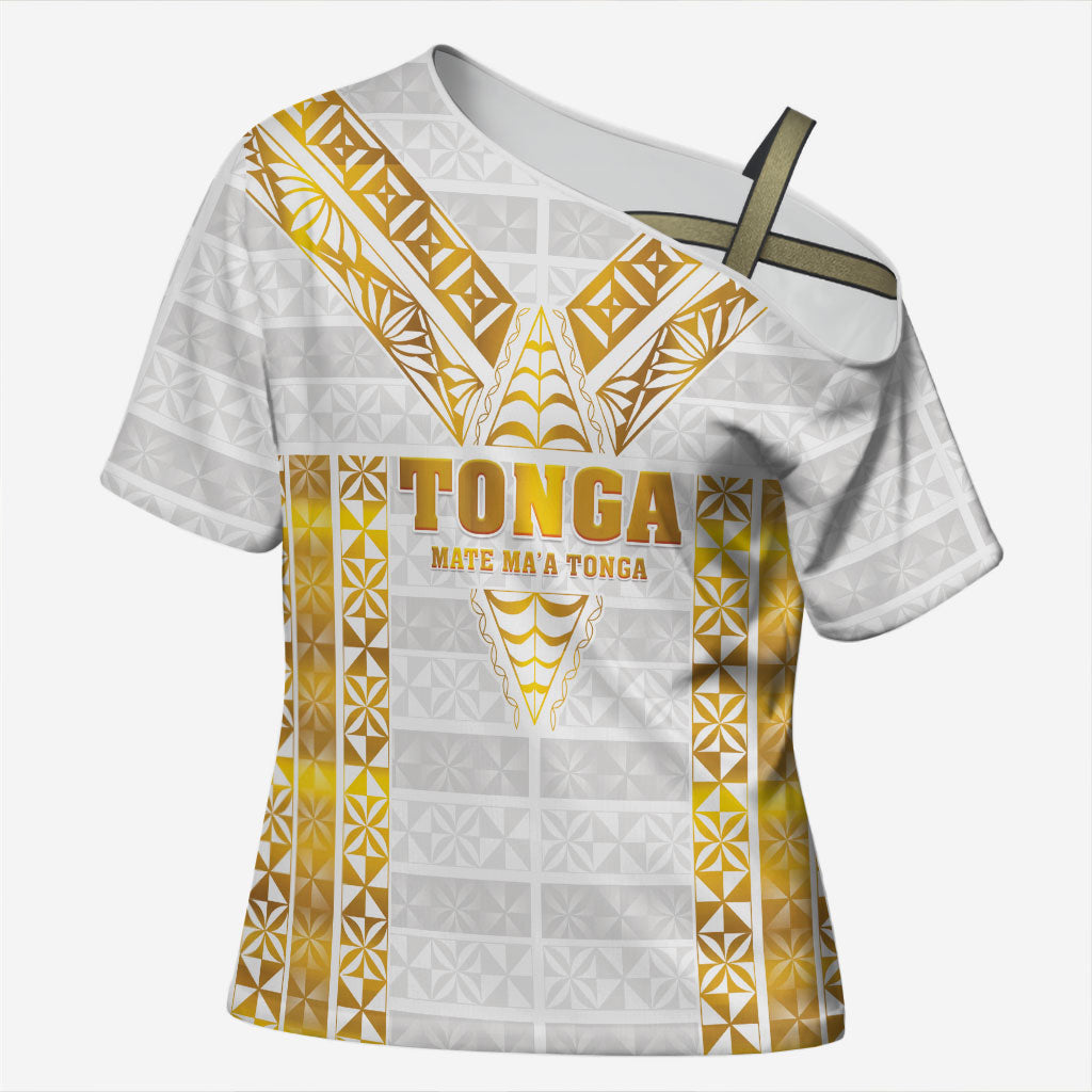 Mate Maa Tonga Rugby Custom Cross Shoulder Shirt Tongan Kupesi Gold Version LT05 Female White - Polynesian Pride