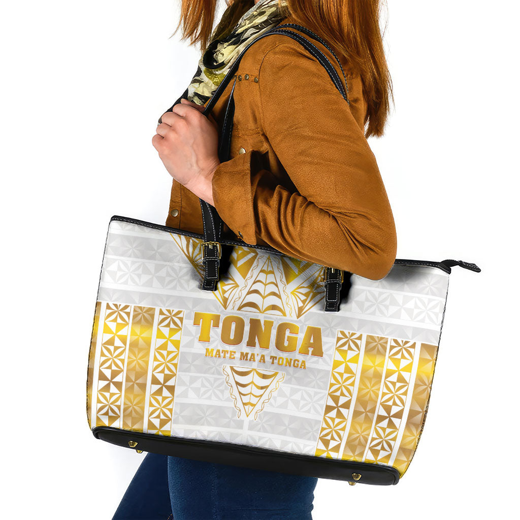 Mate Maa Tonga Rugby Leather Tote Bag Tongan Kupesi Gold Version LT05 White - Polynesian Pride