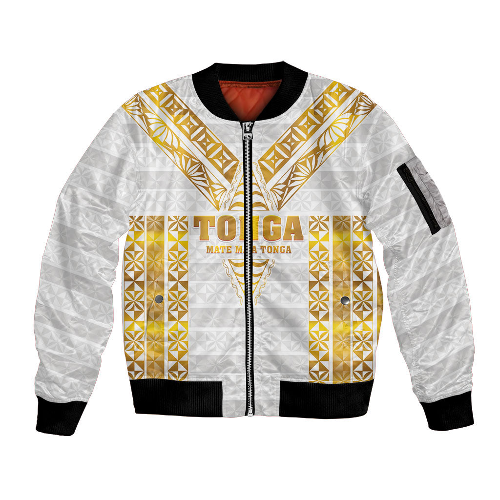 Mate Maa Tonga Rugby Custom Sleeve Zip Bomber Jacket Tongan Kupesi Gold Version