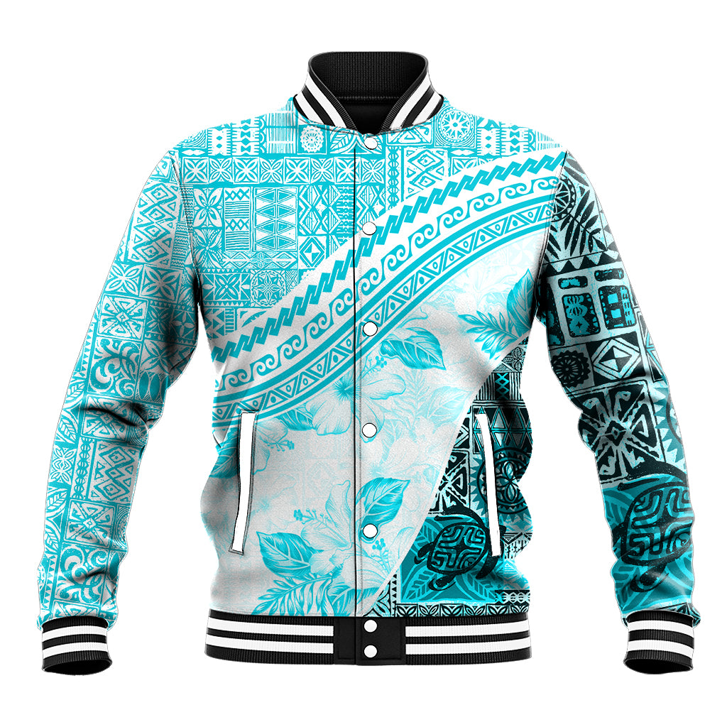 Hawaiian Tapa Baseball Jacket Traditional Vintage Pattern Aqua LT05 Unisex Aqua - Polynesian Pride