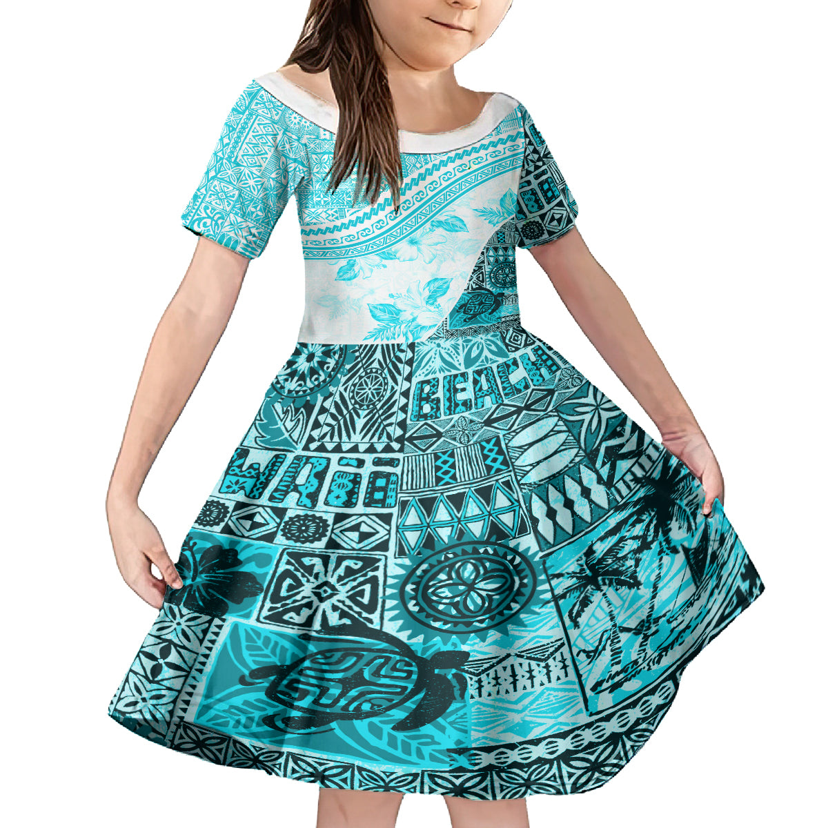 Hawaiian Tapa Kid Short Sleeve Dress Traditional Vintage Pattern Aqua LT05 KID Aqua - Polynesian Pride