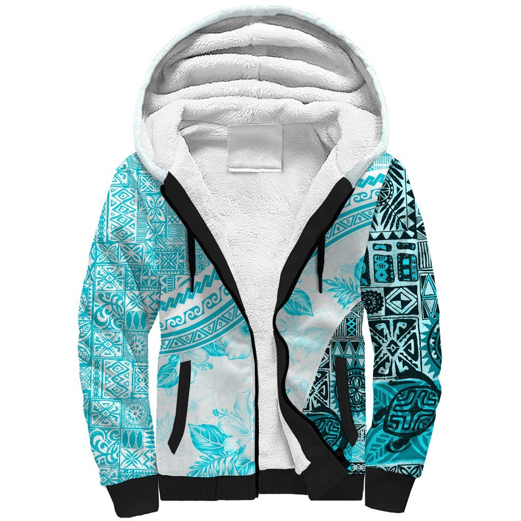 Hawaiian Tapa Sherpa Hoodie Traditional Vintage Pattern Aqua LT05 Unisex Aqua - Polynesian Pride