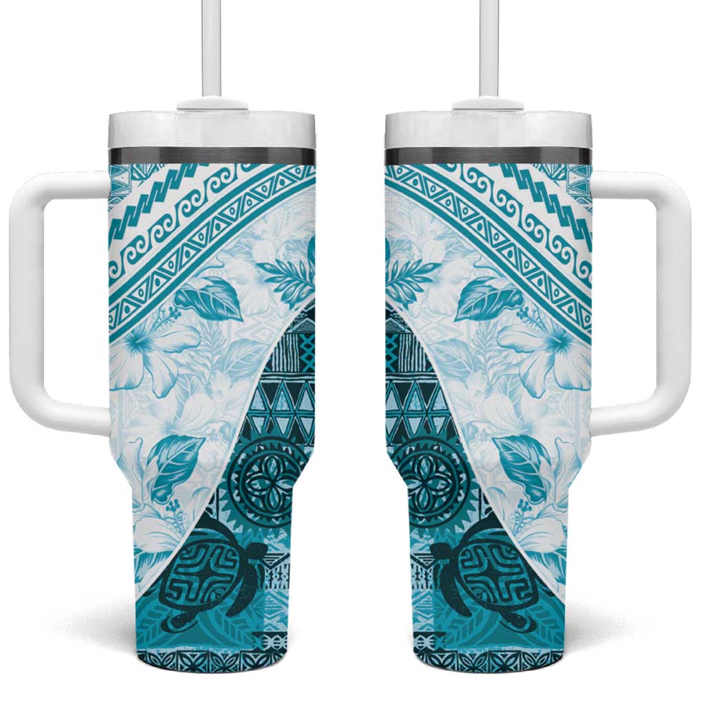 Hawaiian Tapa Tumbler With Handle Traditional Vintage Pattern Aqua LT05 One Size: 40 oz Aqua - Polynesian Pride