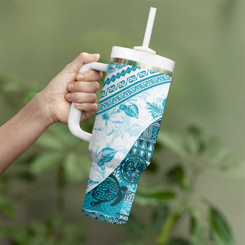 Hawaiian Tapa Tumbler With Handle Traditional Vintage Pattern Aqua LT05 - Polynesian Pride