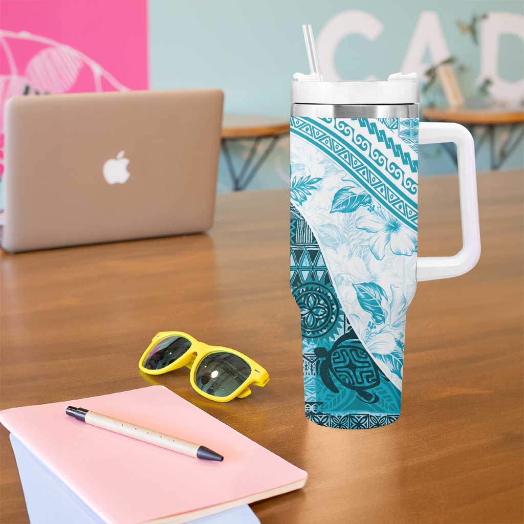 Hawaiian Tapa Tumbler With Handle Traditional Vintage Pattern Aqua LT05 - Polynesian Pride