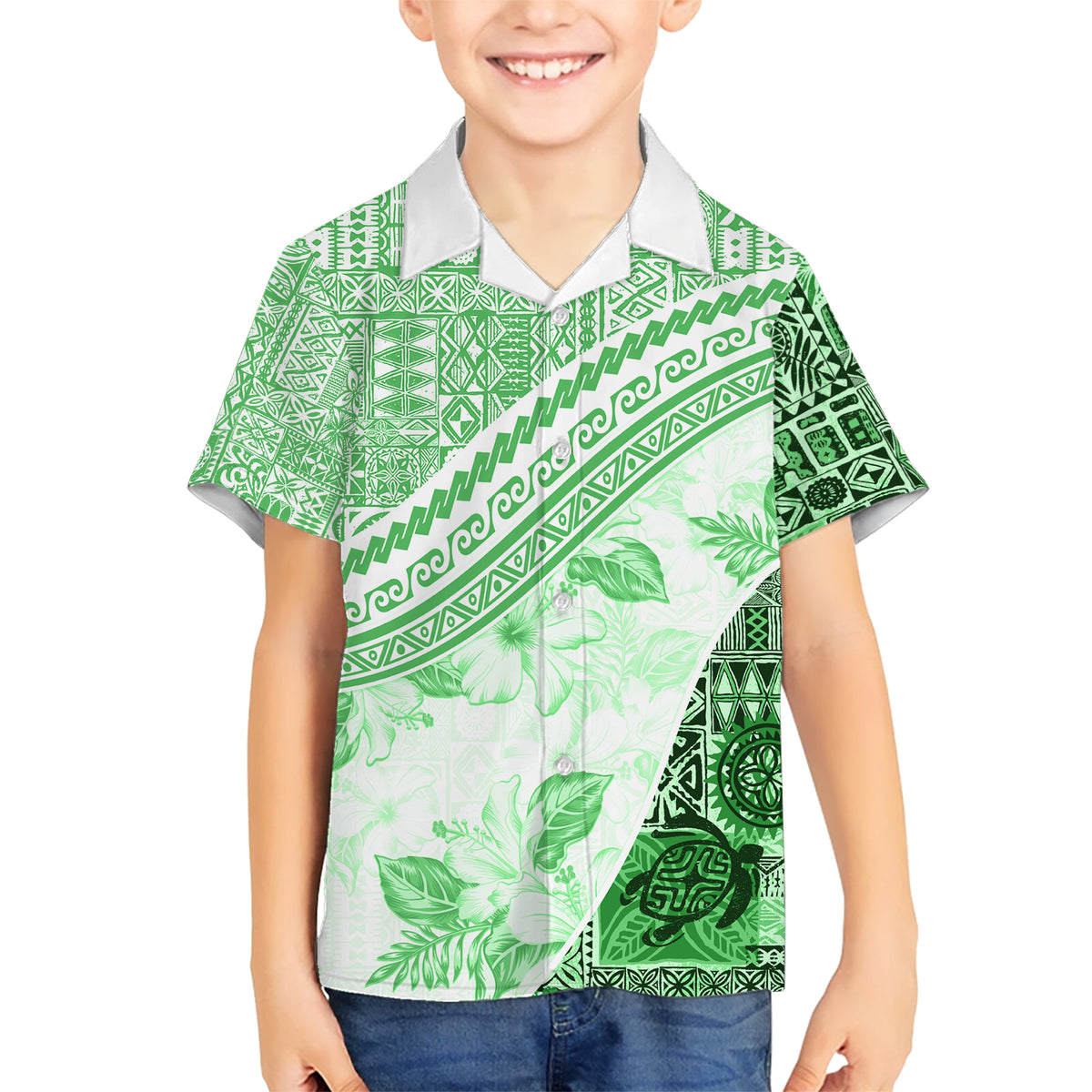 Hawaiian Tapa Kid Hawaiian Shirt Traditional Vintage Pattern Green LT05 Kid Green - Polynesian Pride