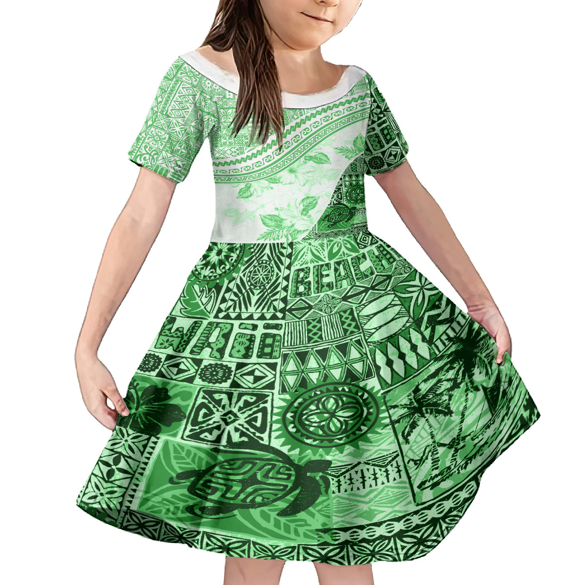 Hawaiian Tapa Kid Short Sleeve Dress Traditional Vintage Pattern Green LT05 KID Green - Polynesian Pride