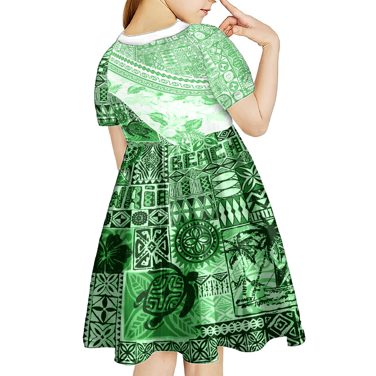 Hawaiian Tapa Kid Short Sleeve Dress Traditional Vintage Pattern Green LT05 - Polynesian Pride
