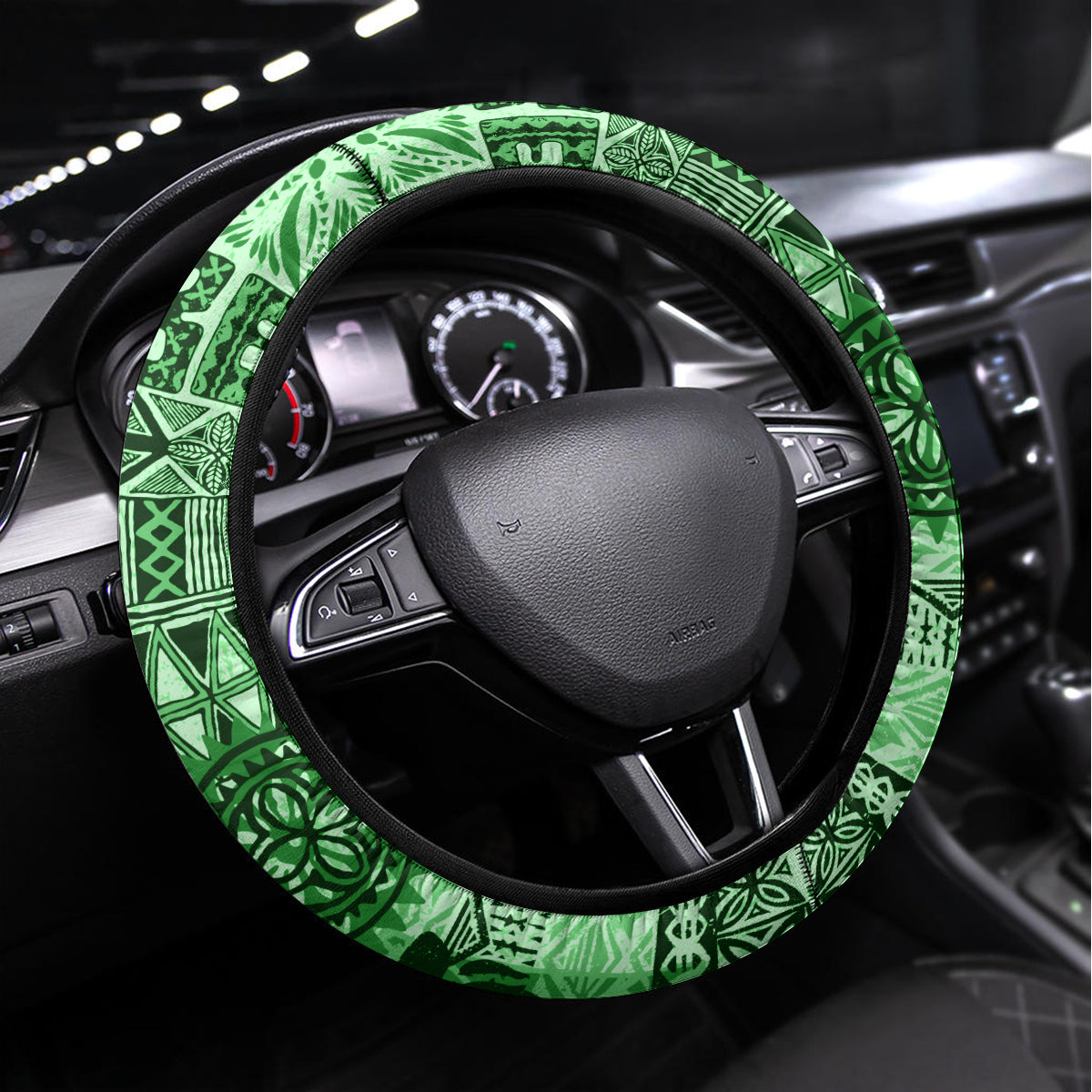 Hawaiian Tapa Steering Wheel Cover Traditional Vintage Pattern Green LT05 Universal Fit Green - Polynesian Pride