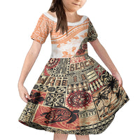Hawaiian Tapa Kid Short Sleeve Dress Traditional Vintage Pattern Orange LT05 KID Orange - Polynesian Pride