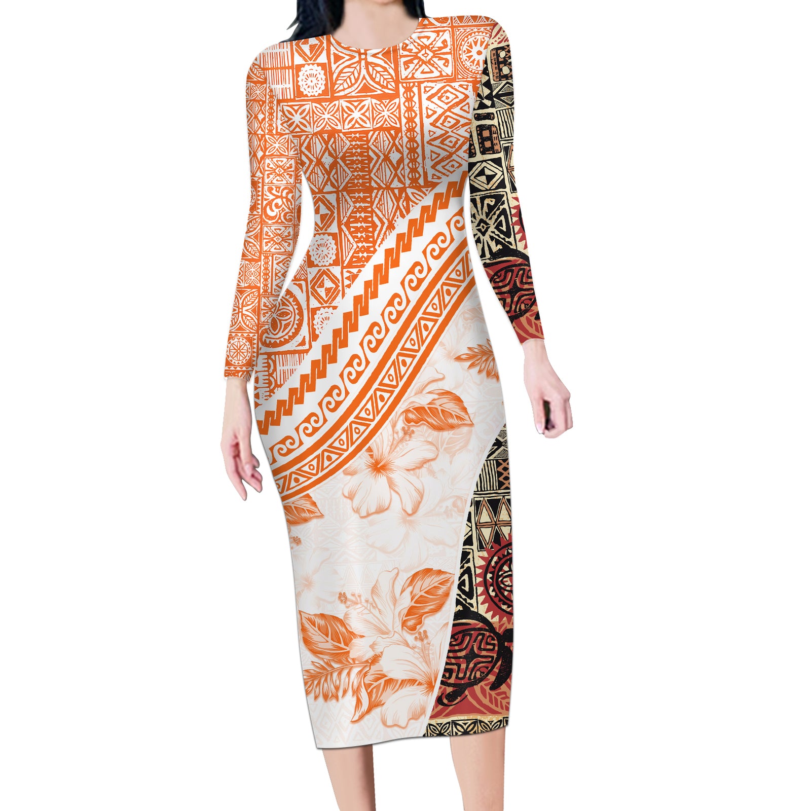 Hawaiian Tapa Long Sleeve Bodycon Dress Traditional Vintage Pattern Orange LT05 Long Dress Orange - Polynesian Pride