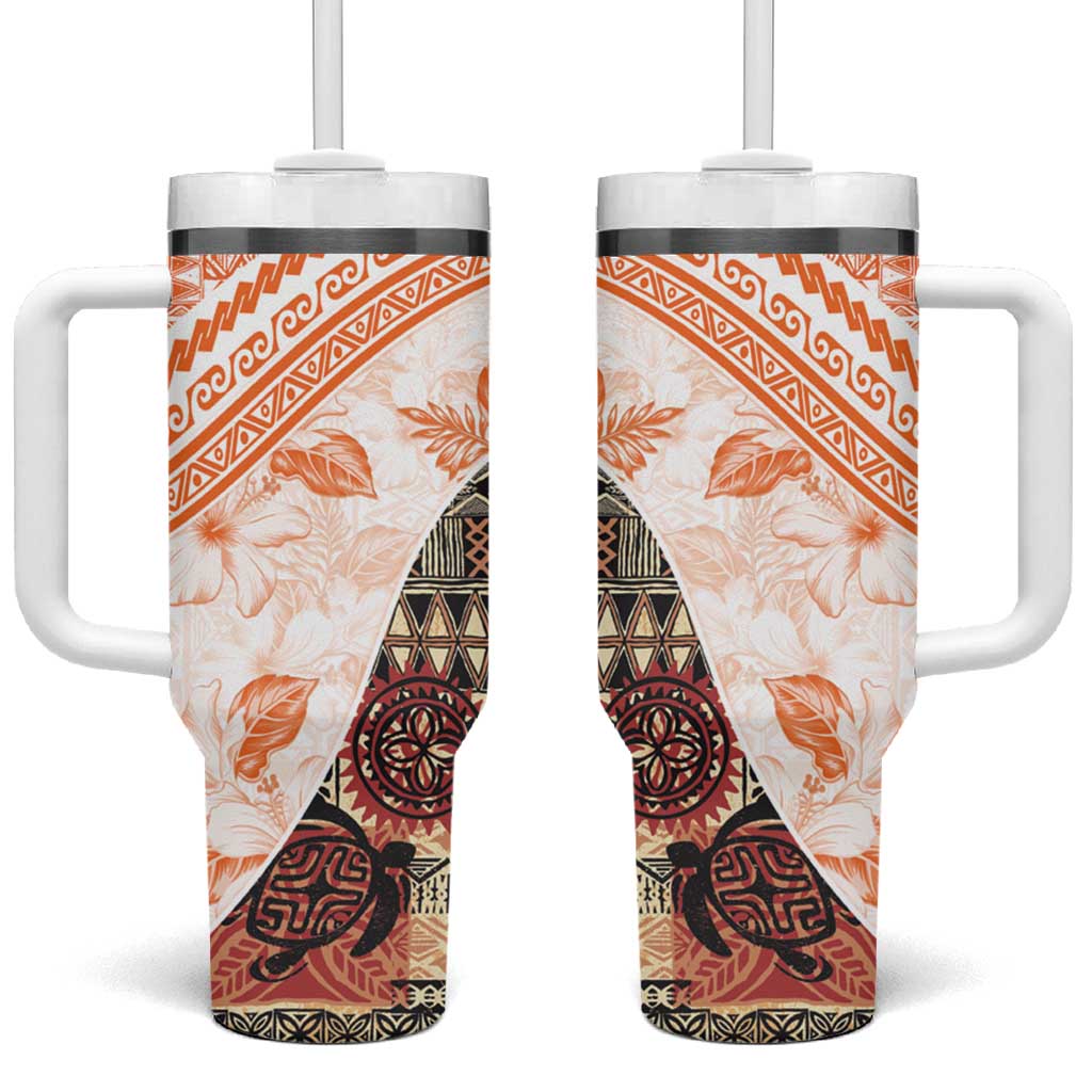 Hawaiian Tapa Tumbler With Handle Traditional Vintage Pattern Orange LT05 One Size: 40 oz Orange - Polynesian Pride