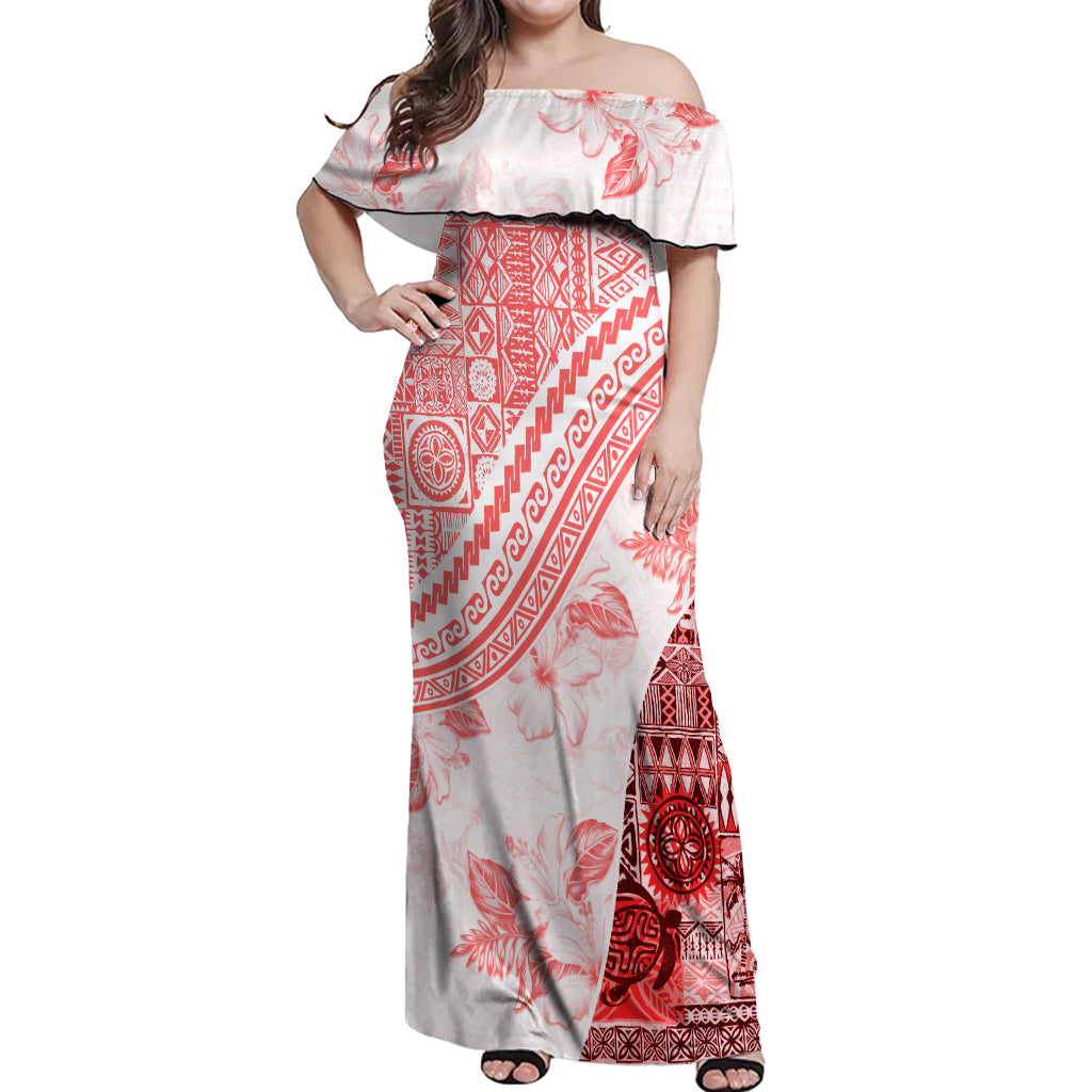 Hawaiian Tapa Off Shoulder Maxi Dress Traditional Vintage Pattern Red LT05 Women Red - Polynesian Pride