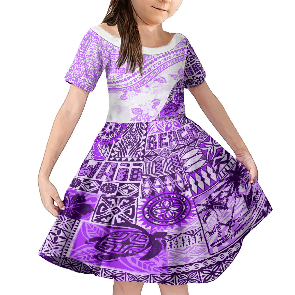 Hawaiian Tapa Kid Short Sleeve Dress Traditional Vintage Pattern Violet LT05 KID Violet - Polynesian Pride