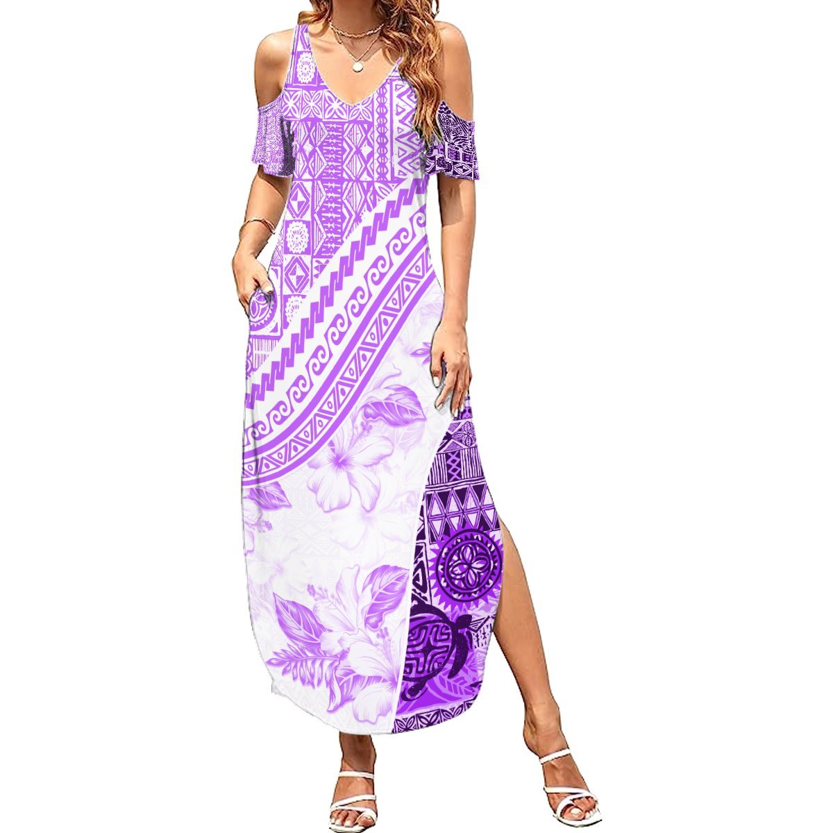 Hawaiian Tapa Summer Maxi Dress Traditional Vintage Pattern Violet LT05 Women Violet - Polynesian Pride