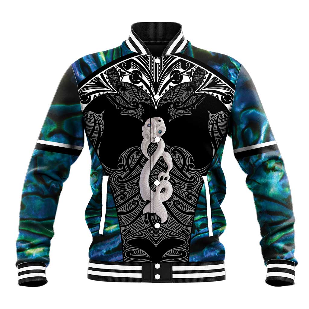 New Zealand Aotearoa Baseball Jacket Maori Taniwha Paua Shell LT05 Unisex Black - Polynesian Pride