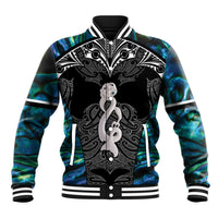 New Zealand Aotearoa Baseball Jacket Maori Taniwha Paua Shell LT05 Unisex Black - Polynesian Pride