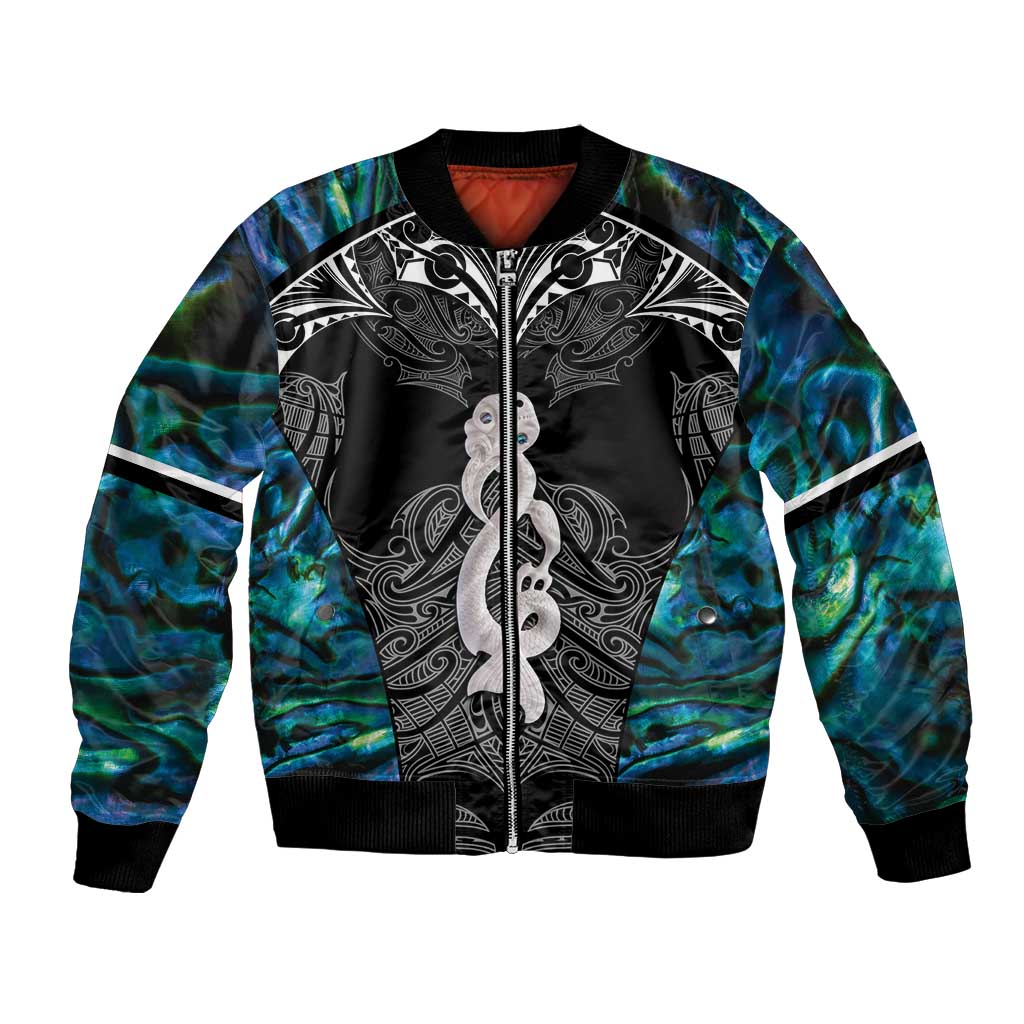 New Zealand Aotearoa Bomber Jacket Maori Taniwha Paua Shell LT05 Unisex Black - Polynesian Pride