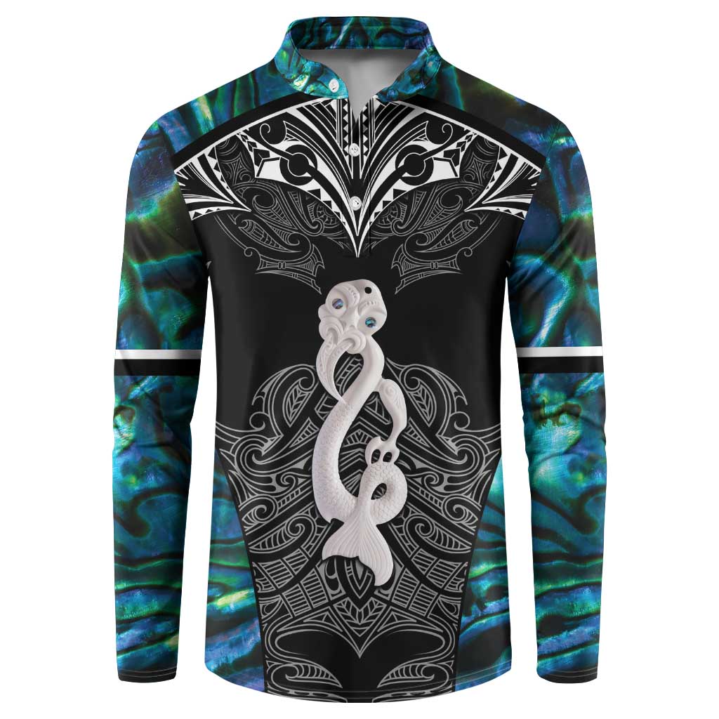 New Zealand Aotearoa Button Sweatshirt Maori Taniwha Paua Shell LT05 Black - Polynesian Pride