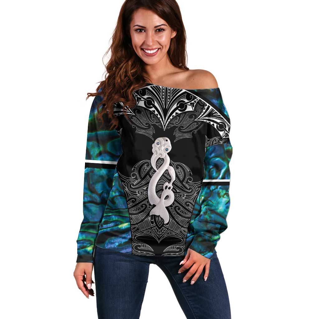 New Zealand Aotearoa Off Shoulder Sweater Maori Taniwha Paua Shell LT05 Women Black - Polynesian Pride