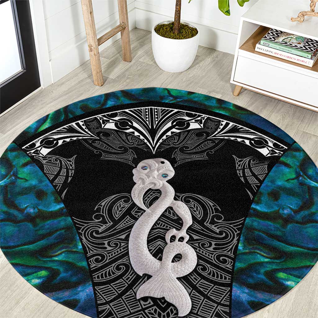 New Zealand Aotearoa Round Carpet Maori Taniwha Paua Shell LT05 Black - Polynesian Pride