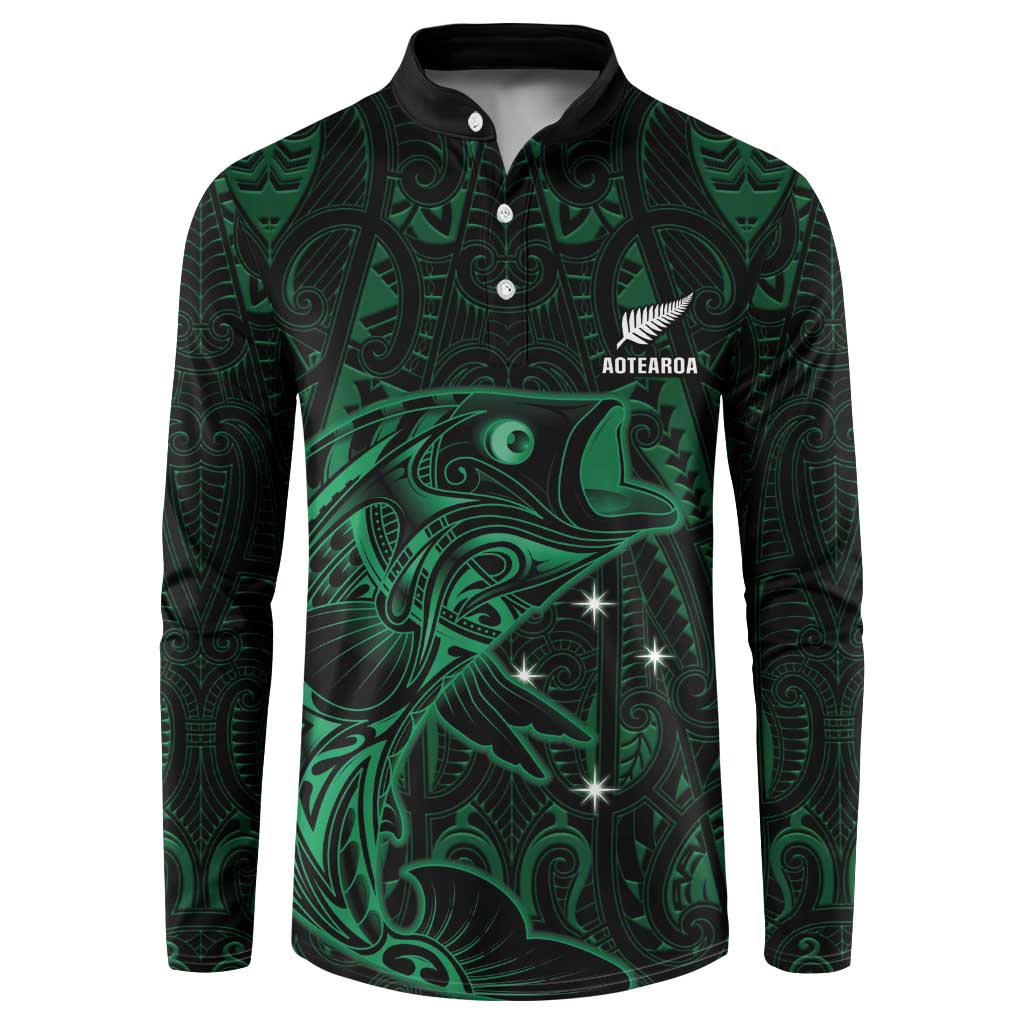Custom New Zealand Fishing Button Sweatshirt Maori Tribal Pattern LT05 Black - Polynesian Pride