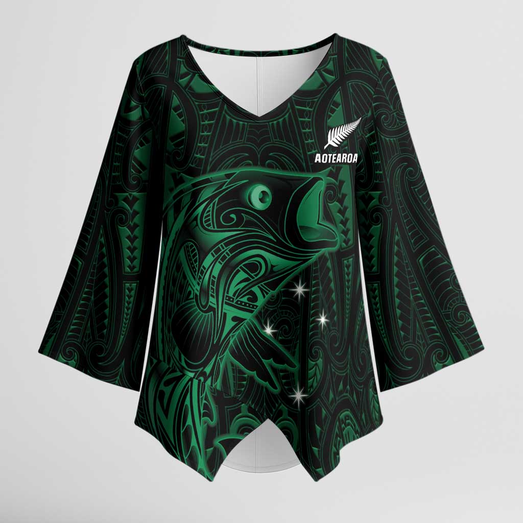 Custom New Zealand Fishing Kimono Sleeve Blouse Maori Tribal Pattern LT05 Female Black - Polynesian Pride