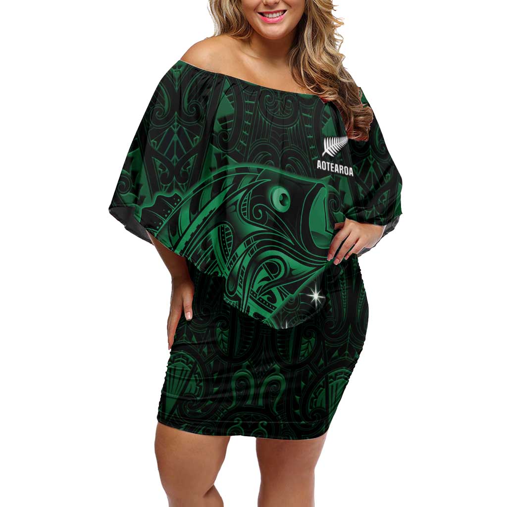 Custom New Zealand Fishing Off Shoulder Short Dress Maori Tribal Pattern LT05 Women Black - Polynesian Pride