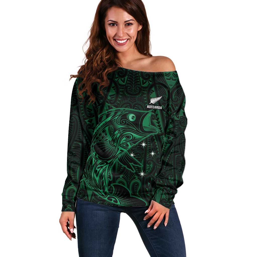 Custom New Zealand Fishing Off Shoulder Sweater Maori Tribal Pattern LT05 Women Black - Polynesian Pride