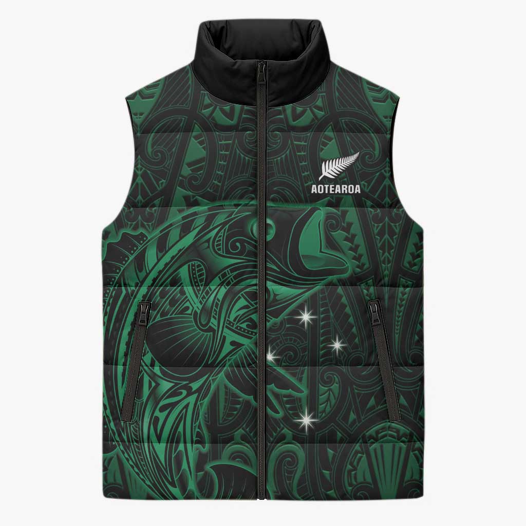 Custom New Zealand Fishing Sleeveless Puffer Jacket Maori Tribal Pattern LT05 Unisex Black - Polynesian Pride