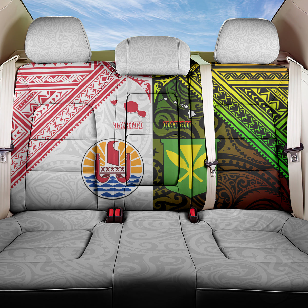 Hawaii And Tahiti Back Car Seat Cover Coat Of Arms Polynesian Pattern LT05 One Size Reggae - Polynesian Pride