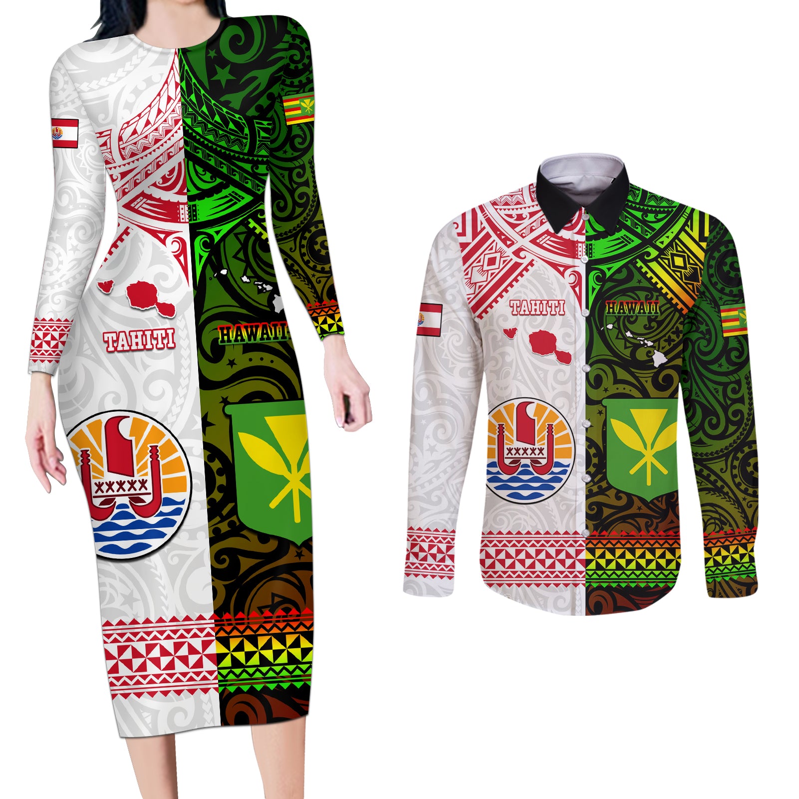 Custom Hawaii And Tahiti Couples Matching Long Sleeve Bodycon Dress and Long Sleeve Button Shirt Coat Of Arms Polynesian Pattern LT05 Reggae - Polynesian Pride