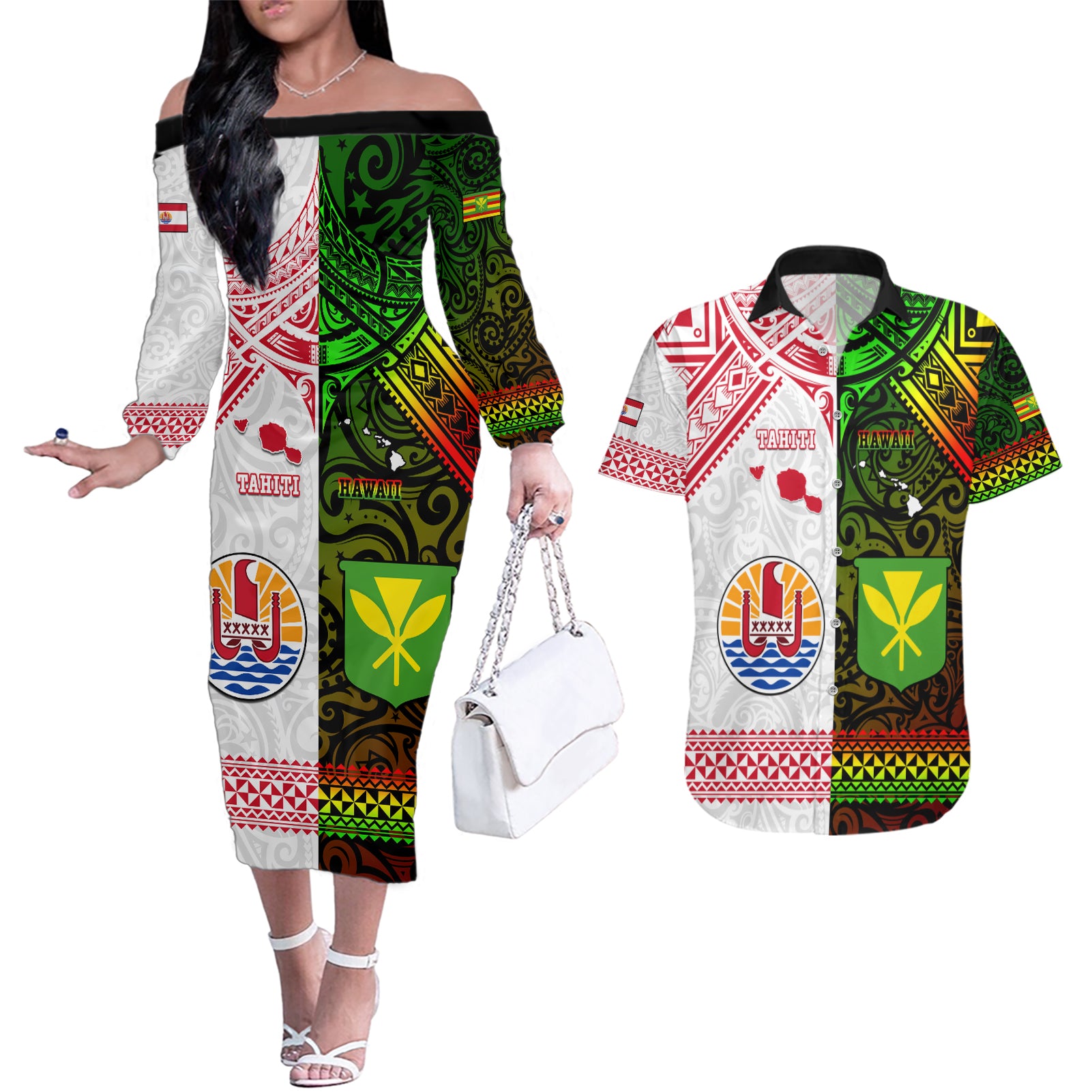 Custom Hawaii And Tahiti Couples Matching Off The Shoulder Long Sleeve Dress and Hawaiian Shirt Coat Of Arms Polynesian Pattern LT05 Reggae - Polynesian Pride