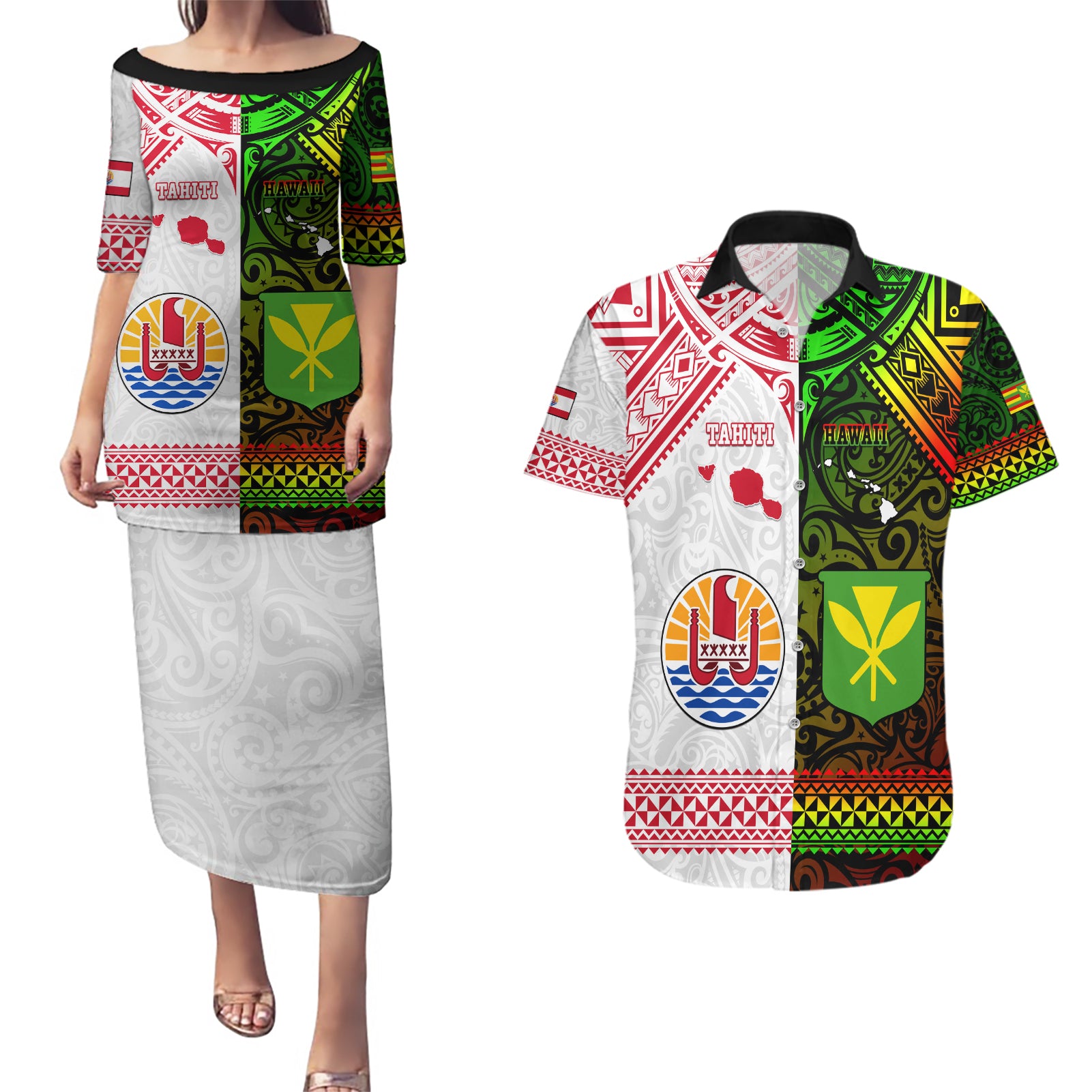 Custom Hawaii And Tahiti Couples Matching Puletasi and Hawaiian Shirt Coat Of Arms Polynesian Pattern LT05 Reggae - Polynesian Pride