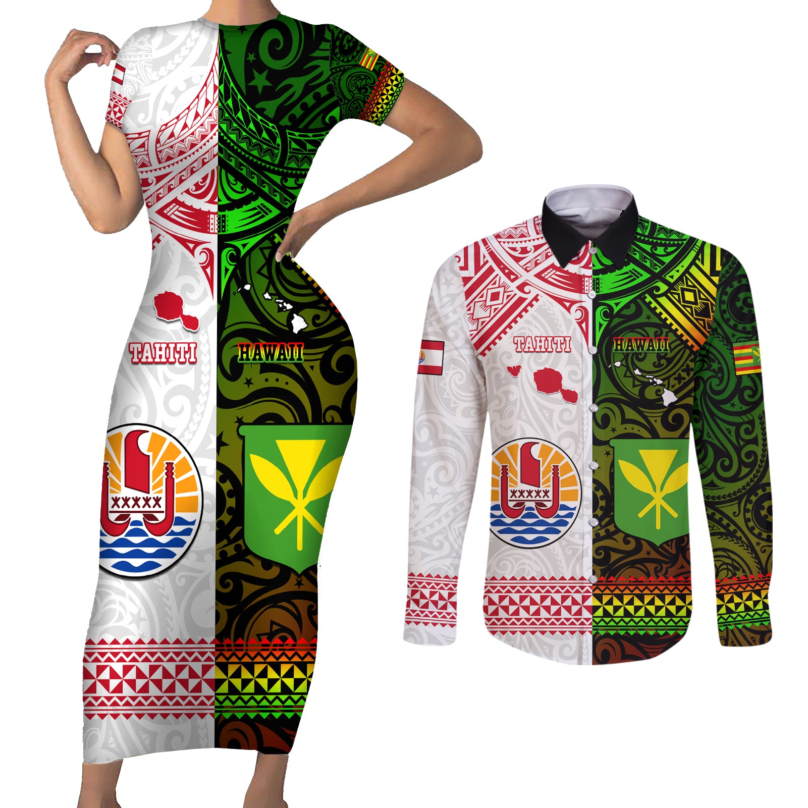 Custom Hawaii And Tahiti Couples Matching Short Sleeve Bodycon Dress and Long Sleeve Button Shirt Coat Of Arms Polynesian Pattern LT05 Reggae - Polynesian Pride