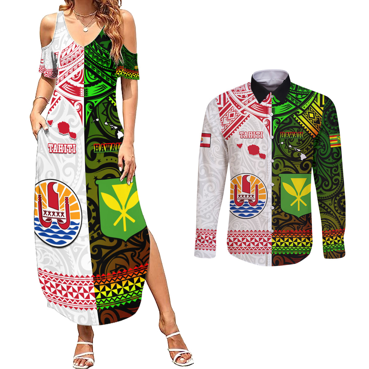 Custom Hawaii And Tahiti Couples Matching Summer Maxi Dress and Long Sleeve Button Shirt Coat Of Arms Polynesian Pattern LT05 Reggae - Polynesian Pride