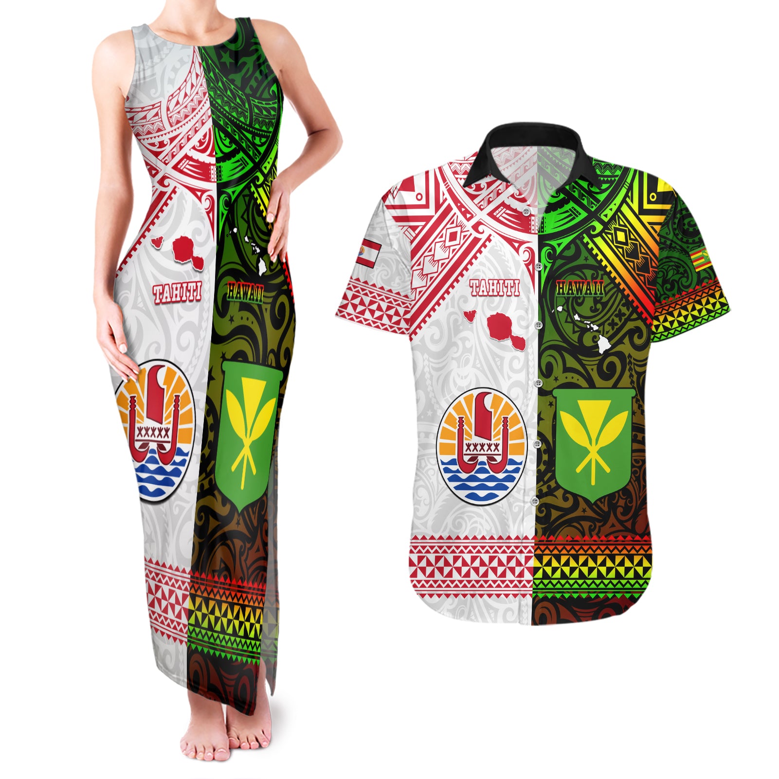 Custom Hawaii And Tahiti Couples Matching Tank Maxi Dress and Hawaiian Shirt Coat Of Arms Polynesian Pattern LT05 Reggae - Polynesian Pride