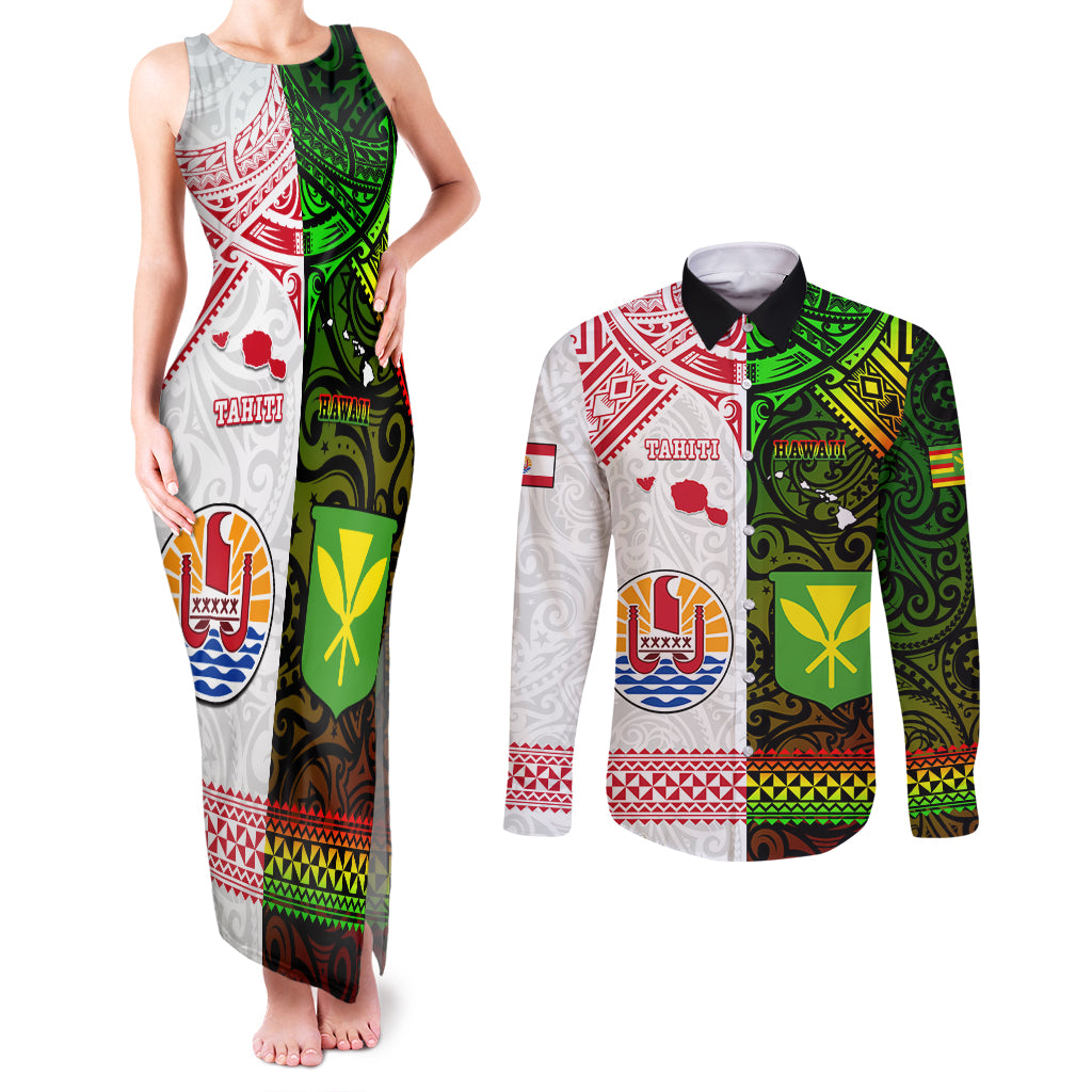 Custom Hawaii And Tahiti Couples Matching Tank Maxi Dress and Long Sleeve Button Shirt Coat Of Arms Polynesian Pattern LT05 Reggae - Polynesian Pride