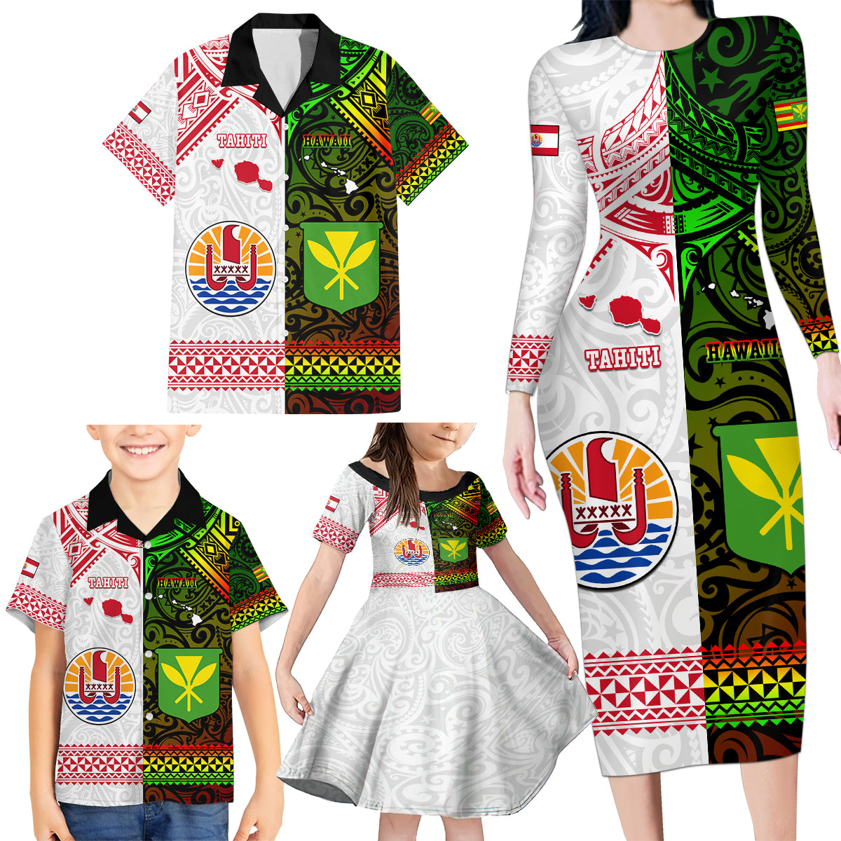 Custom Hawaii And Tahiti Family Matching Long Sleeve Bodycon Dress and Hawaiian Shirt Coat Of Arms Polynesian Pattern LT05 - Polynesian Pride