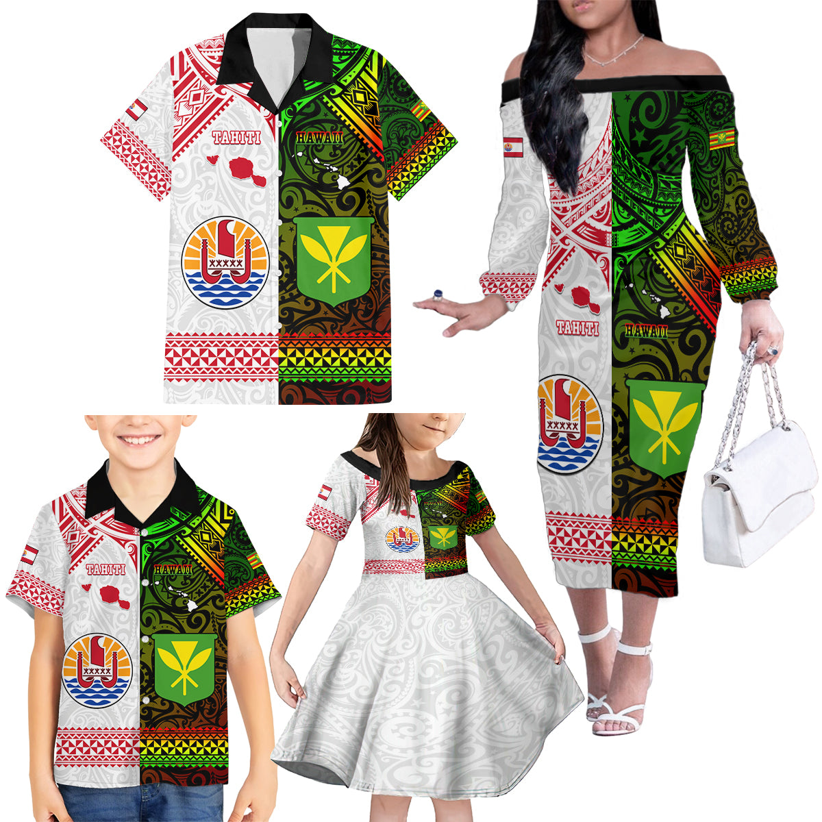 Custom Hawaii And Tahiti Family Matching Off Shoulder Long Sleeve Dress and Hawaiian Shirt Coat Of Arms Polynesian Pattern LT05 - Polynesian Pride