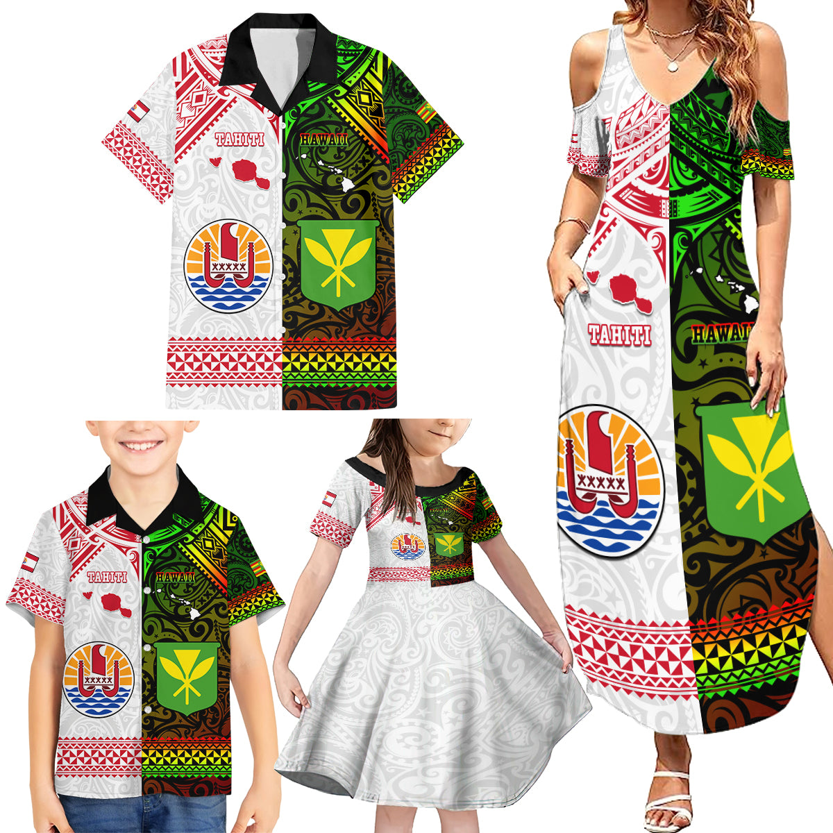 Custom Hawaii And Tahiti Family Matching Summer Maxi Dress and Hawaiian Shirt Coat Of Arms Polynesian Pattern LT05 - Polynesian Pride