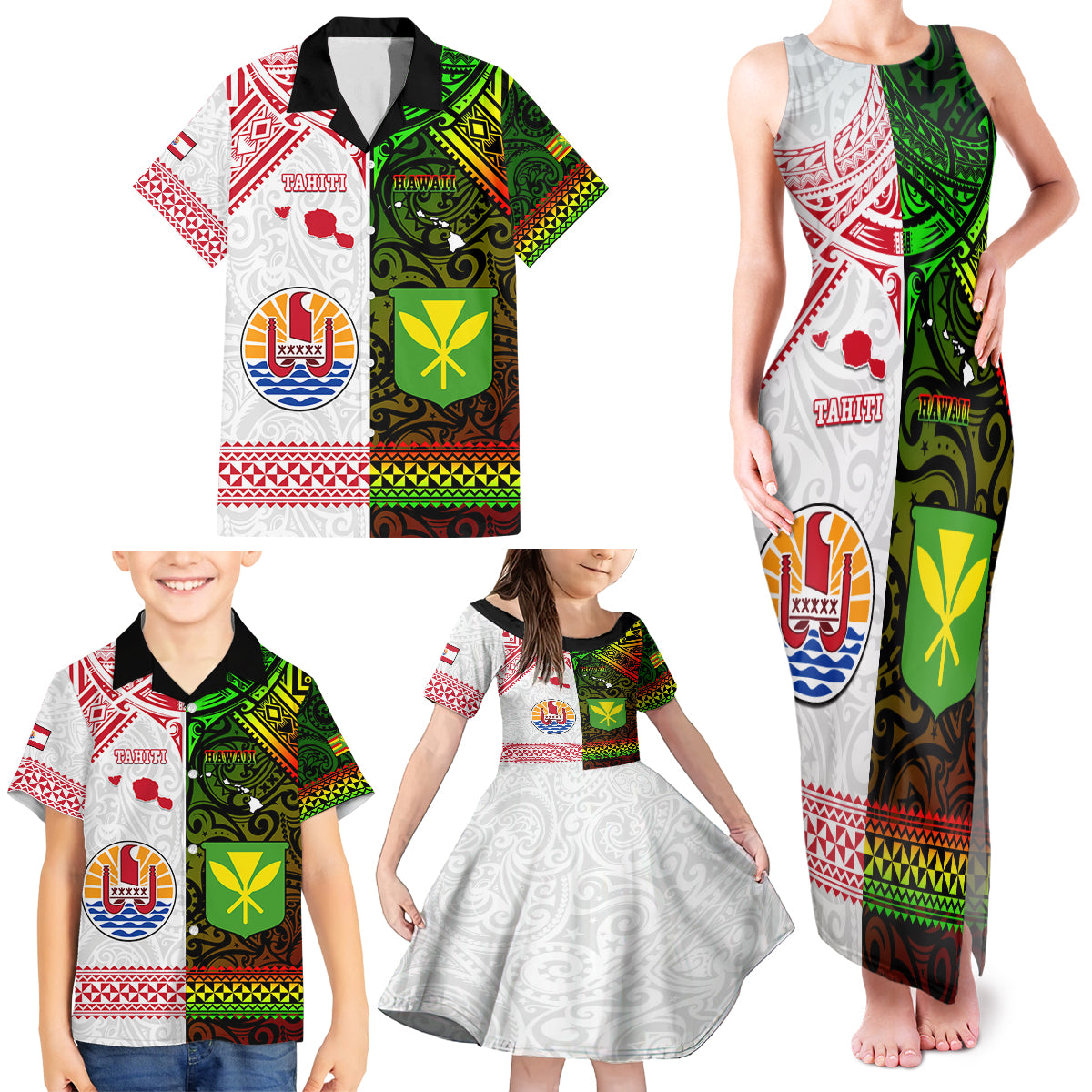 Custom Hawaii And Tahiti Family Matching Tank Maxi Dress and Hawaiian Shirt Coat Of Arms Polynesian Pattern LT05 - Polynesian Pride