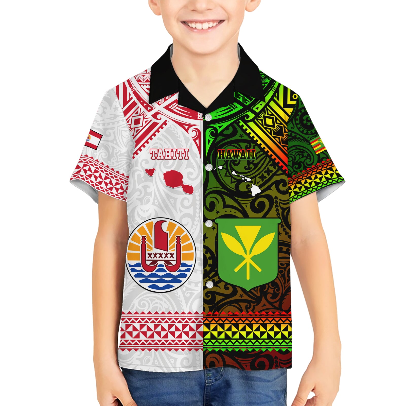 Custom Hawaii And Tahiti Kid Hawaiian Shirt Coat Of Arms Polynesian Pattern LT05 Kid Reggae - Polynesian Pride