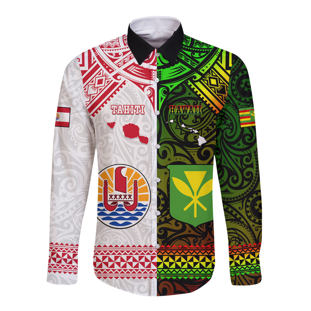 Custom Hawaii And Tahiti Long Sleeve Button Shirt Coat Of Arms Polynesian Pattern LT05 Unisex Reggae - Polynesian Pride