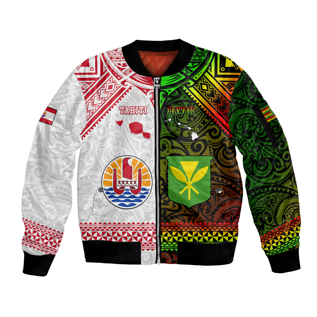 Custom Hawaii And Tahiti Sleeve Zip Bomber Jacket Coat Of Arms Polynesian Pattern LT05 Unisex Reggae - Polynesian Pride