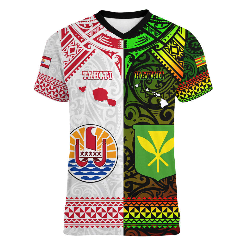 Custom Hawaii And Tahiti Women V Neck T Shirt Coat Of Arms Polynesian Pattern LT05 Female Reggae - Polynesian Pride